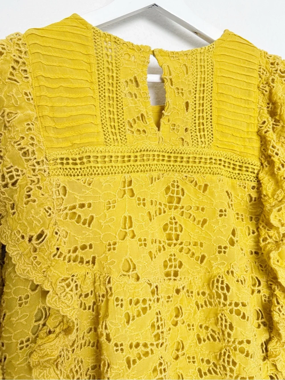 Anthropologie Clementine Eyelet Lace Ruffle Babydoll Blouse Yellow US 12
